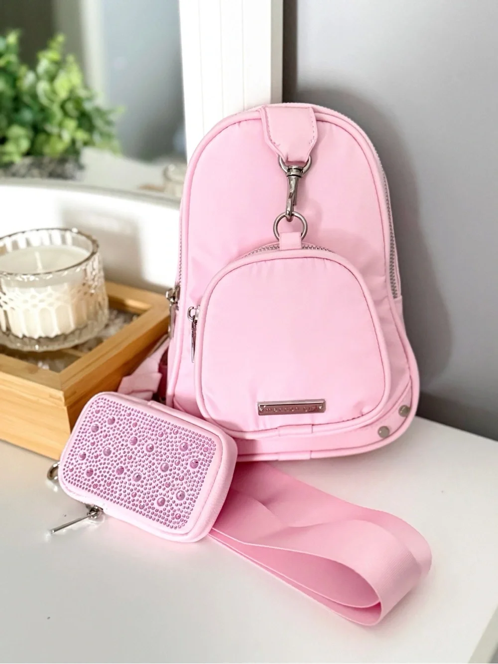 Madden Girl Pink Sling Bag NWT Crossbody Backpack Matching Rhinestone Zip Pouch